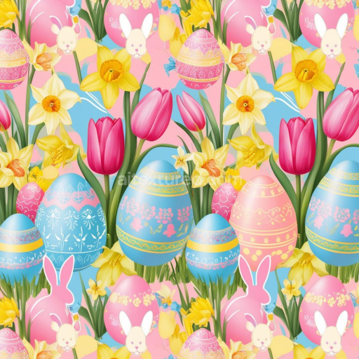 Seamless 3D PBR Easter Digital Paper Texture with Colorful Eggs, Tulips & Daffodils