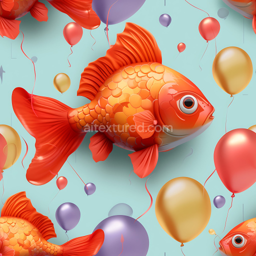 Seamless 3D Inflated Vinyl Texture Featuring Vibrant Goldfish and Balloons