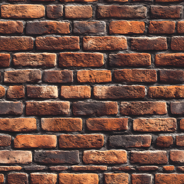 Cracked Brick Wall with Worn, Chipped Surface in Warm Reds and Browns seamless PBR texture preview