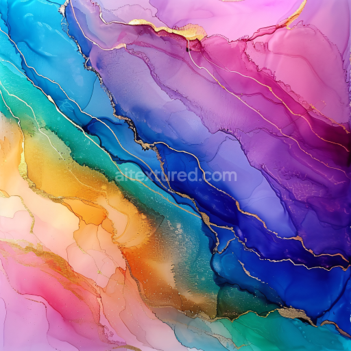 Seamless 3D Alcohol Ink PBR Texture Featuring Multicolor Fluid Waves with Gold Veins