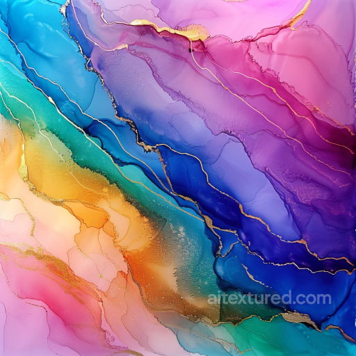Alcohol Ink PBR Texture Featuring Multicolor Fluid Waves with Gold Veins seamless Alcohol ink PBR texture