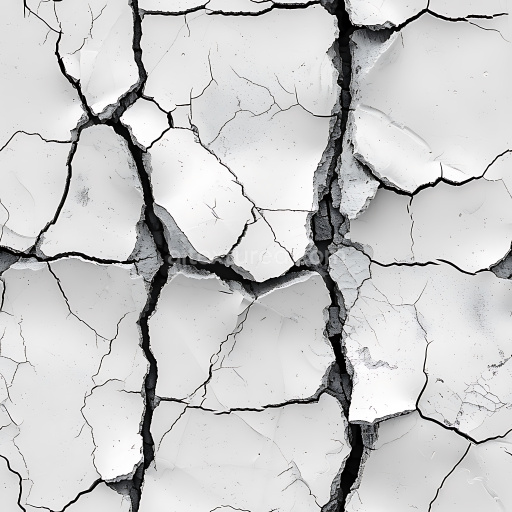 Seamless 3D cracked white plaster PBR texture with deep fractures and peeling