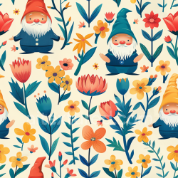 seamless Seamless 3D PBR Texture with Playful Gnomes and Colorful Flowers Pattern texture 8k free download PBR
