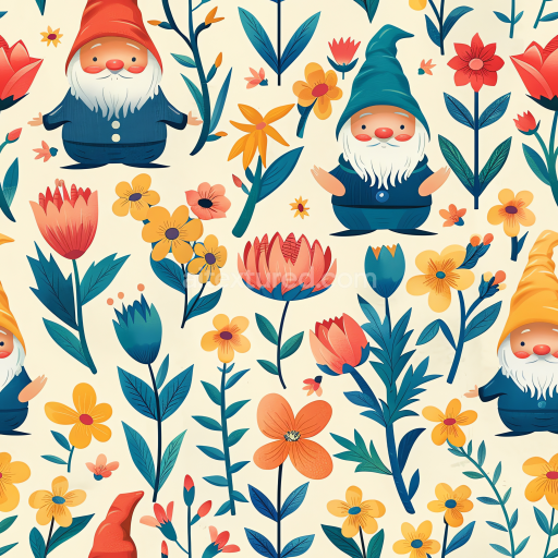Seamless 3D PBR Texture with Playful Gnomes and Colorful Flowers Pattern