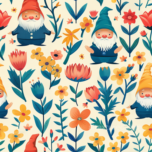 with Playful Gnomes and Colorful Flowers Pattern seamless All Easter Digital paper PBR texture