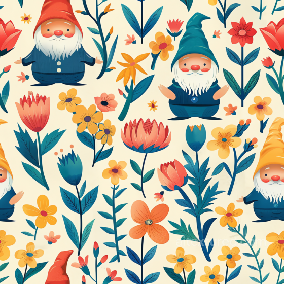 with Playful Gnomes and Colorful Flowers Pattern All Easter Digital paper texture preview