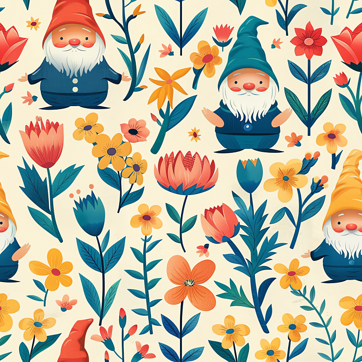 with Playful Gnomes and Colorful Flowers Pattern seamless PBR texture preview
