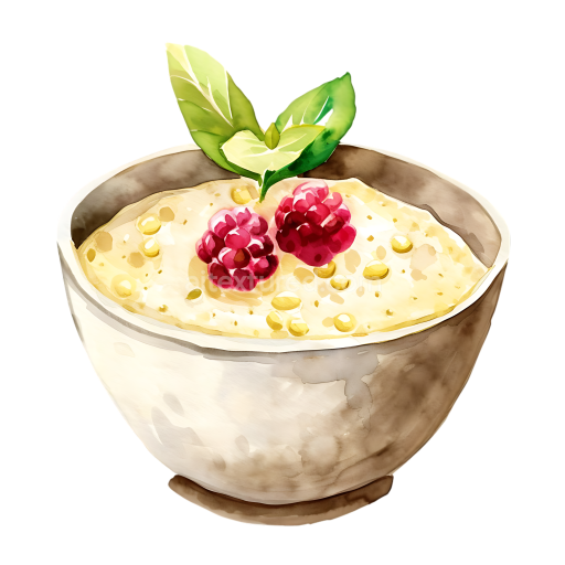 Amaranth Porridge Breakfast Graphic with Fresh Berries and Green Leaves