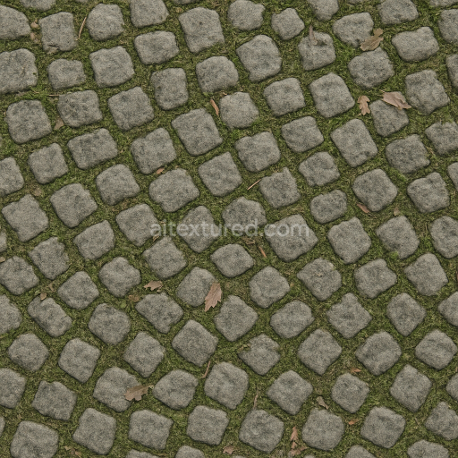 Seamless 3d texture pbr 8k cobblestone small with mossy grout and dry leaves natural wear