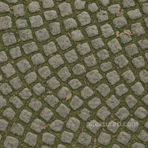Cobblestone Small With Mossy Grout And Dry Leaves Natural Wear seamless Park pavement PBR texture