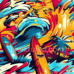 seamless Seamless 3D PBR Graffiti Texture Featuring Surfboards, Waves & Palm Tree Vibrant Colors texture 8k free download PBR