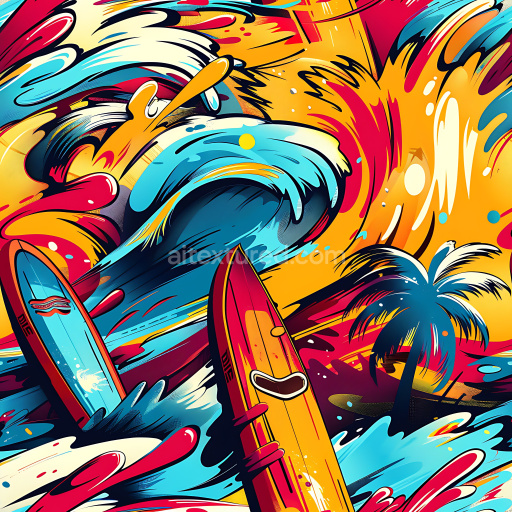 Seamless 3D PBR Graffiti Texture Featuring Surfboards, Waves & Palm Tree Vibrant Colors