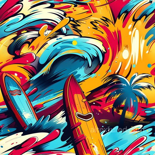 Seamless 3D PBR Graffiti Texture Featuring Surfboards, Waves & Palm Tree Vibrant Colors texture preview