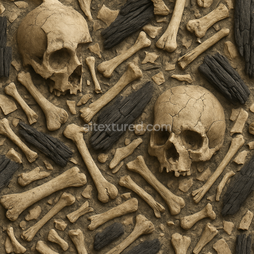 Seamless 3d texture pbr 8k skull cracks with bone fragments and skeleton bones detail