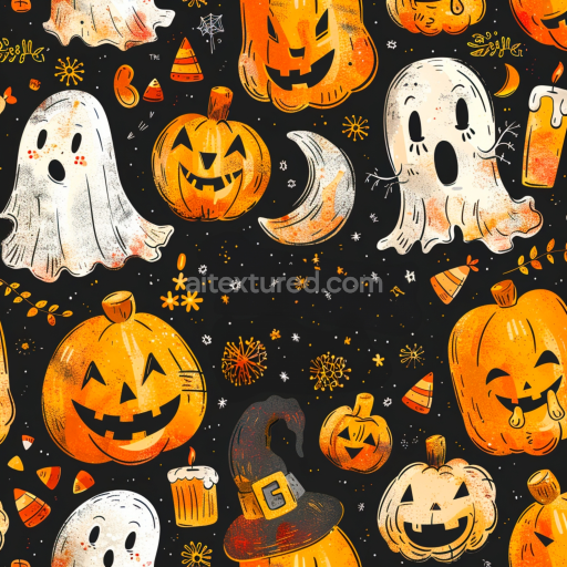 Seamless 3D PBR Watercolor Halloween Texture Featuring Ghosts & Pumpkins