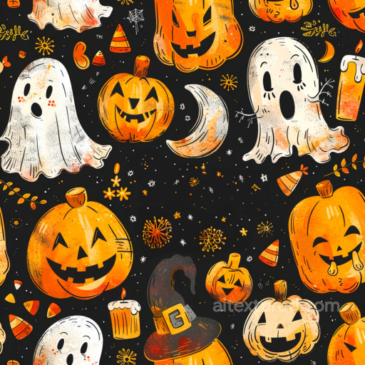 Watercolor Halloween Texture Featuring Ghosts & Pumpkins seamless Watercolor Halloween PBR texture
