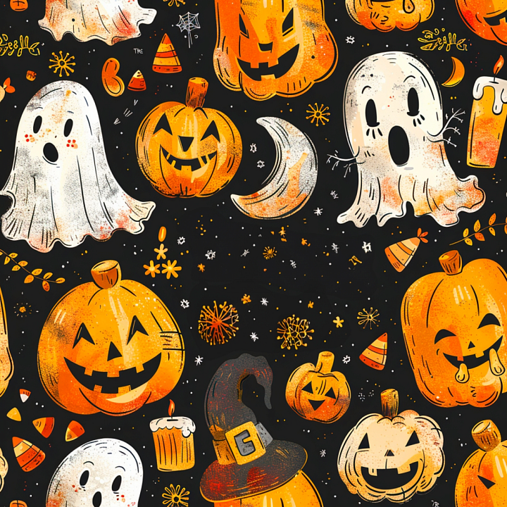Watercolor Halloween Featuring Ghosts & Pumpkins seamless PBR texture preview
