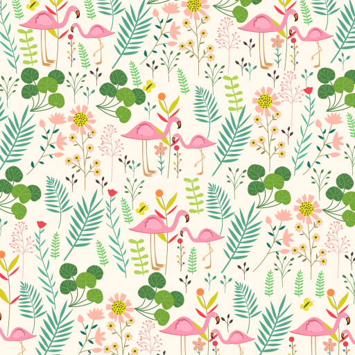 Seamless 3D PBR Texture with Colorful Wild Flower Motifs and Pink Flamingos
