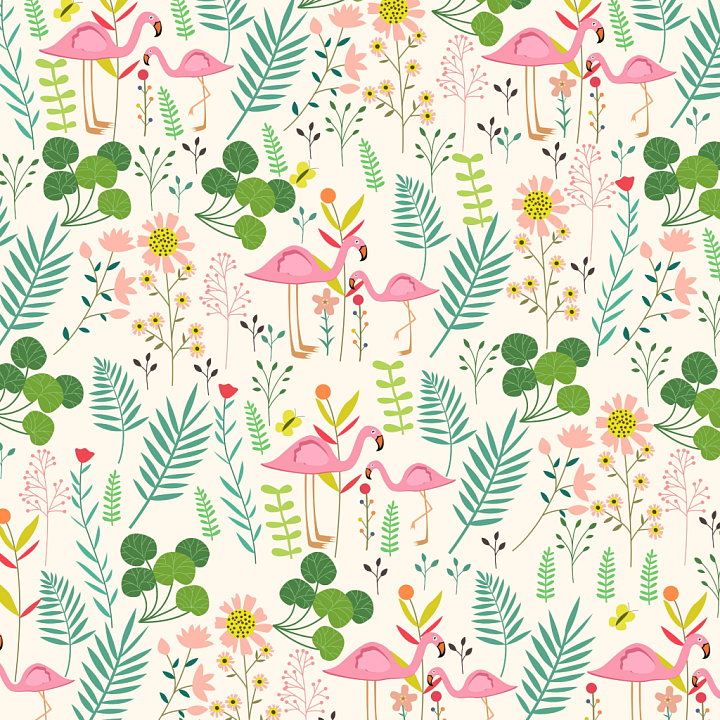 with Colorful Wild Flower Motifs and Pink Flamingos seamless PBR texture preview