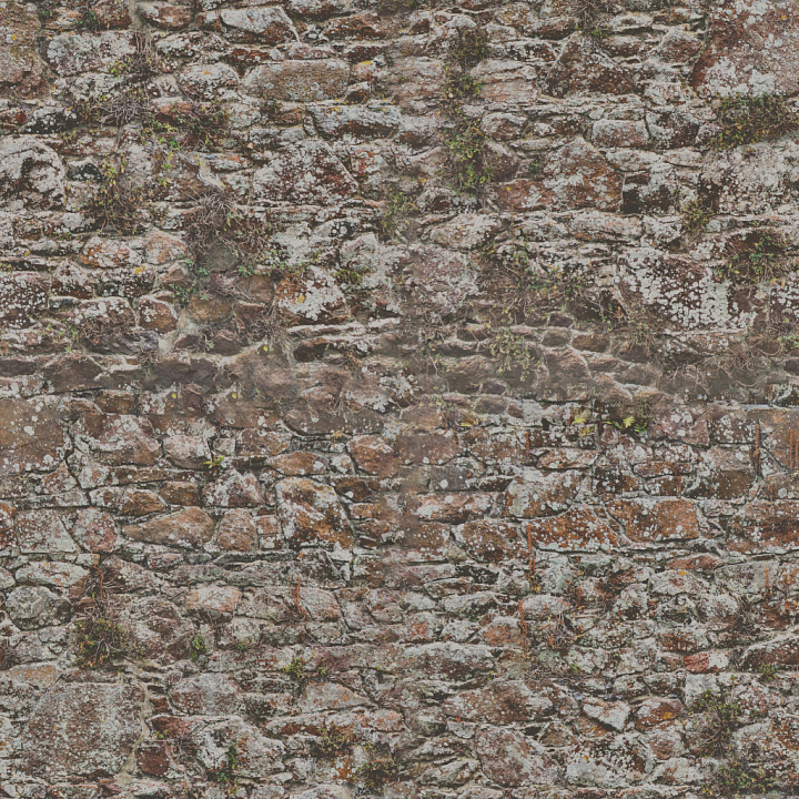 Weathered Stone Wall with Moss and Lichen Details seamless PBR texture preview