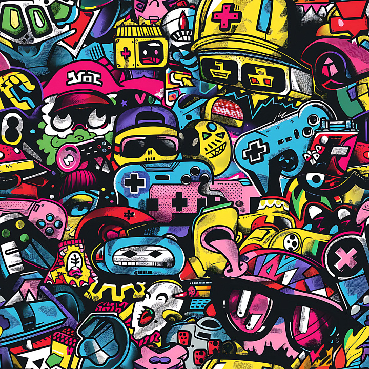 Graffiti Featuring Vibrant Cartoon-Style Street Art seamless PBR texture preview