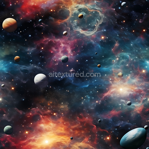 Seamless 3D PBR Space Texture Featuring Vibrant Nebulae and Detailed Planets