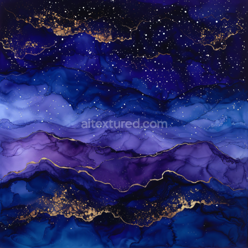 Seamless 3D Alcohol Ink PBR Texture Featuring Deep Blue and Purple Fluid Waves with Gold Veining