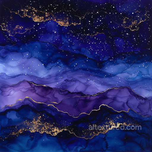 Alcohol Ink PBR Texture Featuring Deep Blue and Purple Fluid Waves with Gold Veining seamless Alcohol ink PBR texture