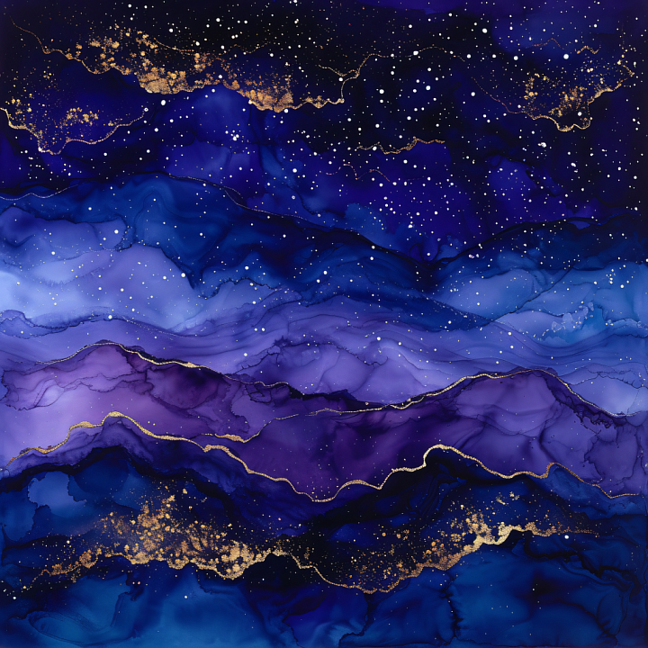 Alcohol Ink Featuring Deep Blue and Purple Fluid Waves with Gold Veining seamless PBR texture preview