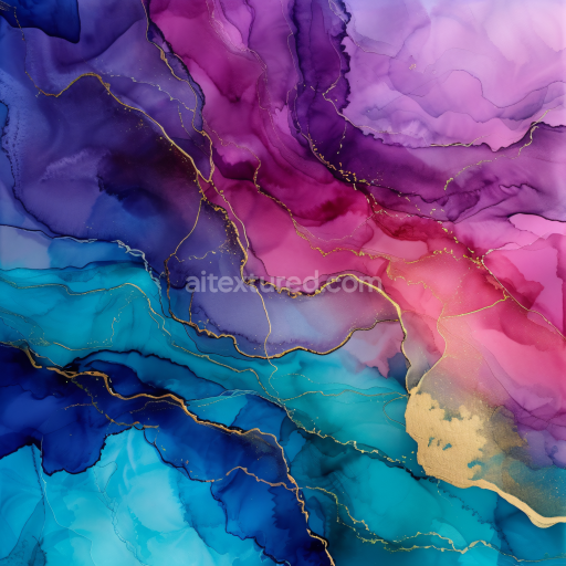Seamless 3D Alcohol Ink PBR Texture Featuring Purple and Blue Fluid Waves with Gold Veins