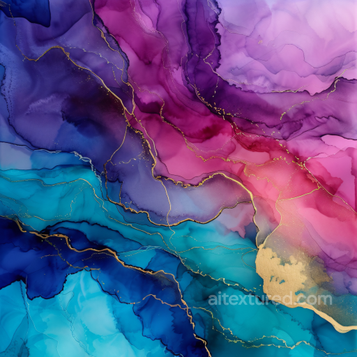 Alcohol Ink PBR Texture Featuring Purple and Blue Fluid Waves with Gold Veins seamless Alcohol ink PBR texture