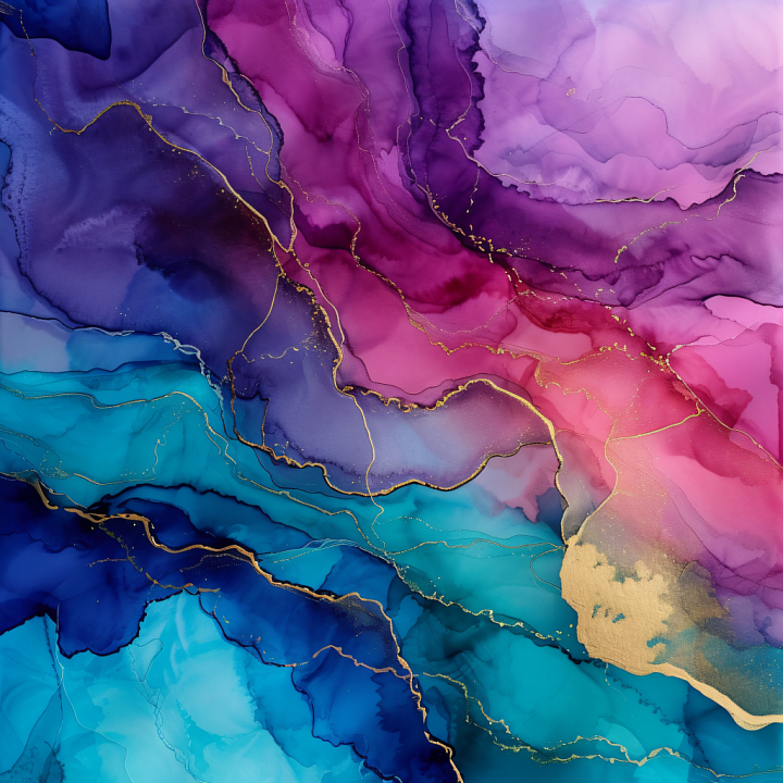 Alcohol Ink Featuring Purple and Blue Fluid Waves with Gold Veins seamless PBR texture preview