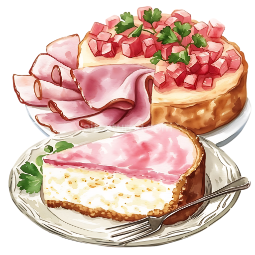 Ham and Baked Ricotta Cheesecake Breakfast Illustration with Fresh Parsley Garnish