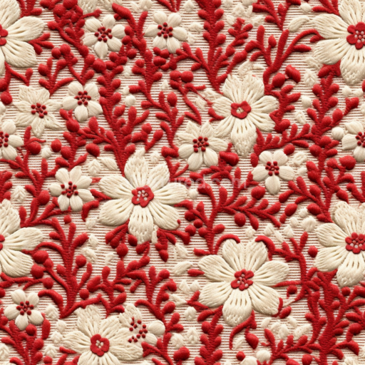 Seamless 3D PBR Texture of Red and Cream Embroidered Floral Fabric