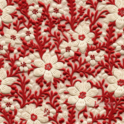 Red and Cream Embroidered Floral Fabric Seamless Texture seamless Embroidered floral PBR texture