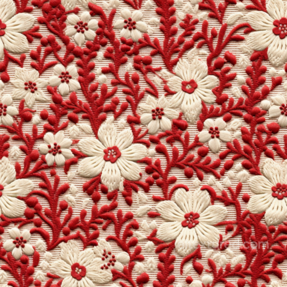 Red and Cream Embroidered Floral Fabric Seamless Texture Embroidered floral texture preview