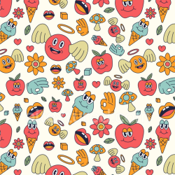 seamless Seamless 3D PBR Cartoon Happy Face Pattern Texture with Colorful Icons texture 8k free download PBR