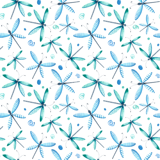 Seamless 3D PBR Texture Featuring Hand-Painted Blue and Green Watercolor Dragonflies