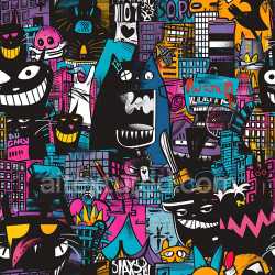 seamless Seamless 3D PBR Graffiti Texture Featuring Vibrant Neon Cats and Cityscape texture 8k free download PBR