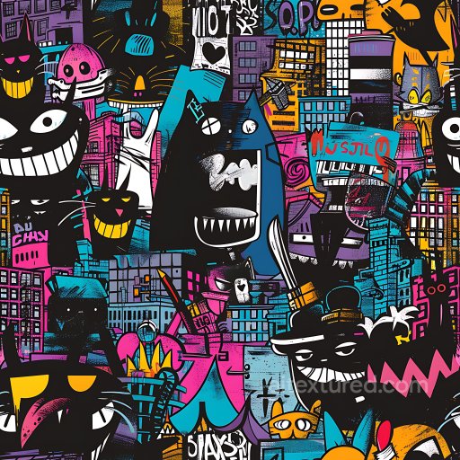 Seamless 3D PBR Graffiti Texture Featuring Vibrant Neon Cats and Cityscape texture preview