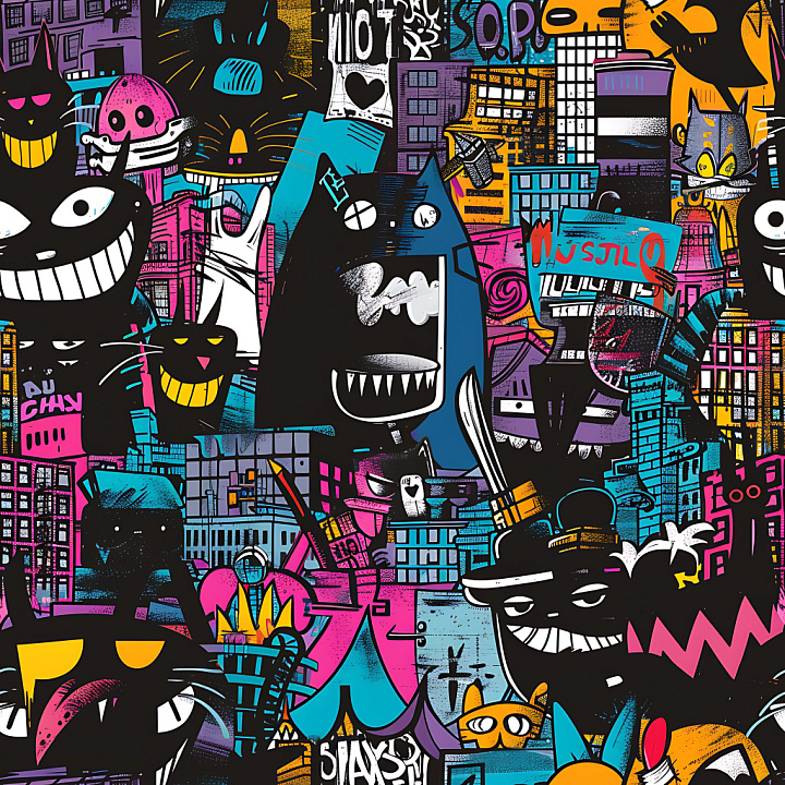 Graffiti Featuring Vibrant Neon Cats and Cityscape seamless PBR texture preview