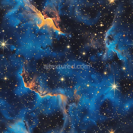 Seamless 3D Starfield Cosmic Camouflage PBR Texture with Deep Blue Nebula and Gold Stars