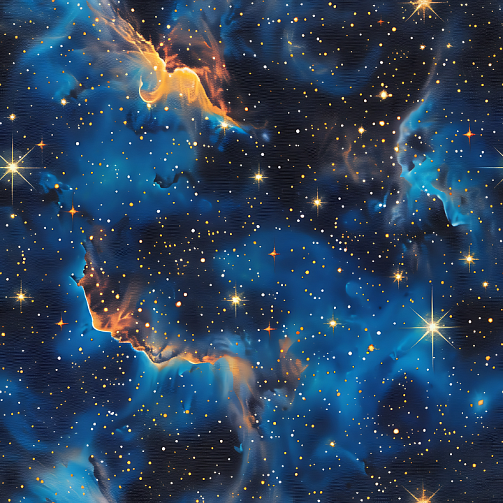 Starfield Cosmic Camouflage with Deep Blue Nebula and Gold Stars seamless PBR texture preview