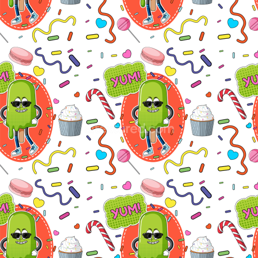 Seamless 3D PBR Texture with Playful Cartoon Candy and Happy Ice Pop Pattern