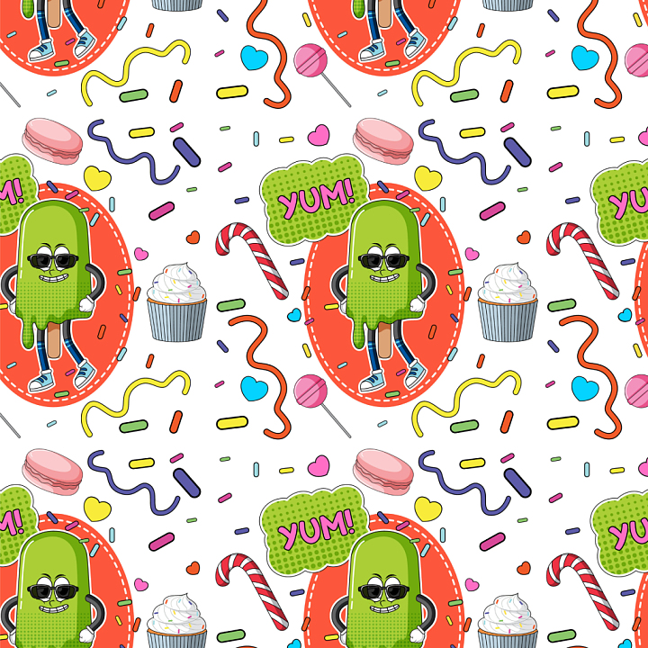 with Playful Cartoon Candy and Happy Ice Pop Pattern seamless PBR texture preview