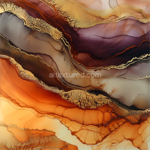 Seamless 3D Alcohol Ink PBR Texture Featuring Warm Orange Tones and Gold Veining