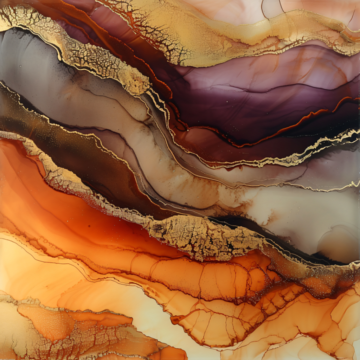 Alcohol Ink Featuring Warm Orange Tones and Gold Veining seamless PBR texture preview