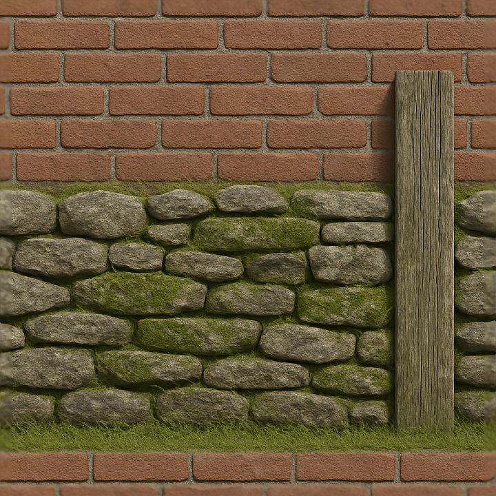 Brick Wall Fence With Dry Stone Wall Elements And Mossy Stone Patches seamless PBR texture preview