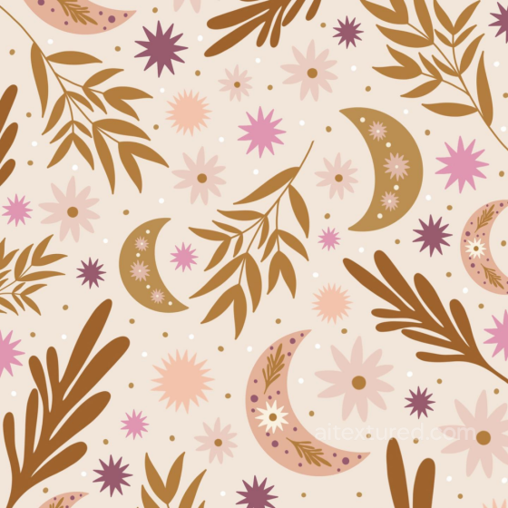 Boho Floral Fabric Texture with Crescent Moons and Leaves Boho Seamless texture preview