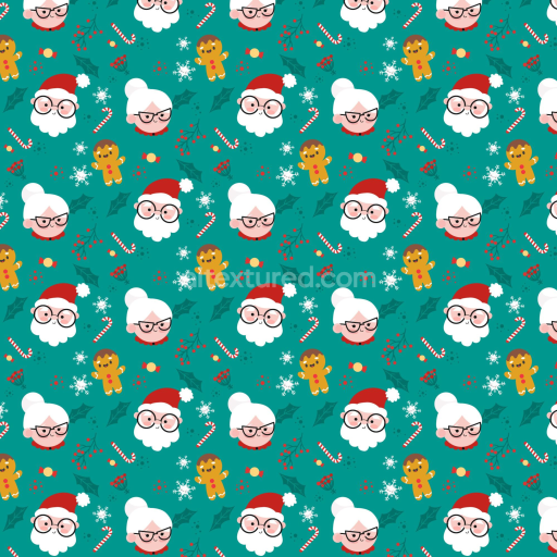 Seamless 3D PBR Texture with Cute Cartoon Santa, Mrs. Claus & Gingerbread